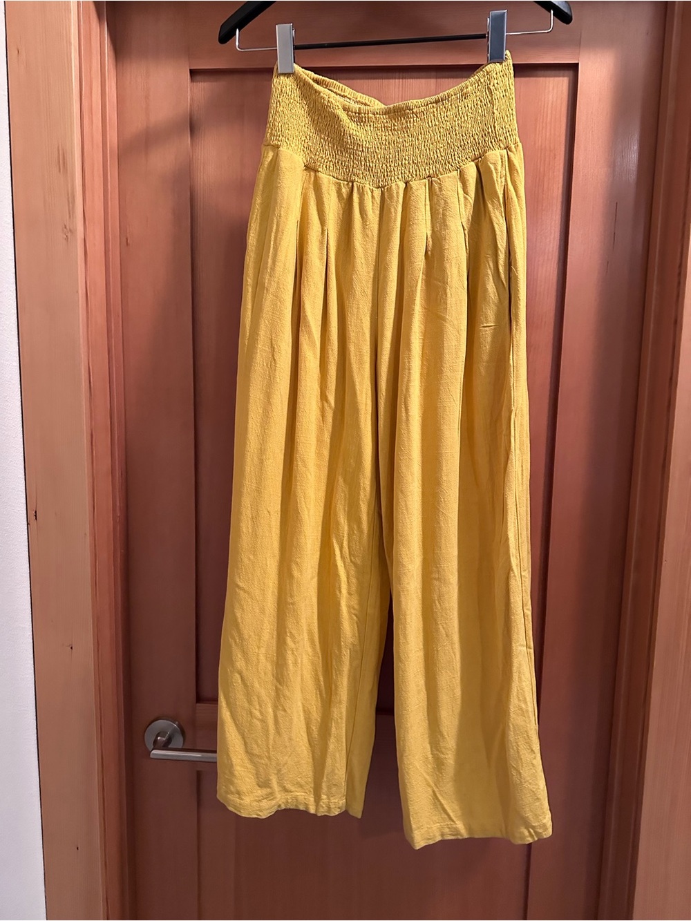 Wide-Leg Smocked Waist Linen Pants - Yellow